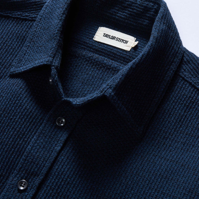 material shot of the collar on The Utility Shirt in Navy Sashiko
