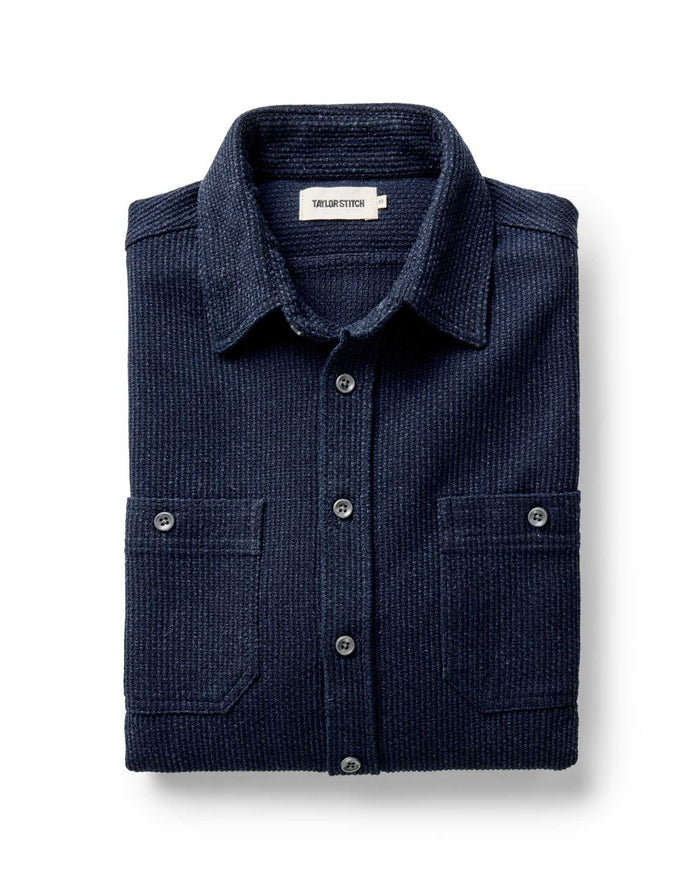 folded flatlay of The Utility Shirt in Rinsed Indigo Sashiko