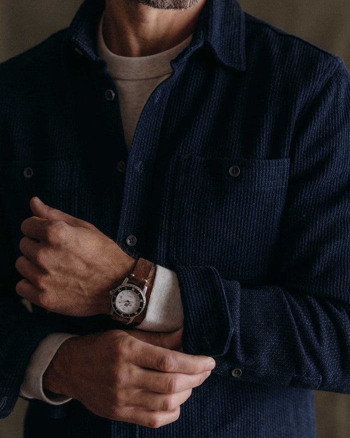 fit model showing off The Utility Shirt in Rinsed Indigo Sashiko
