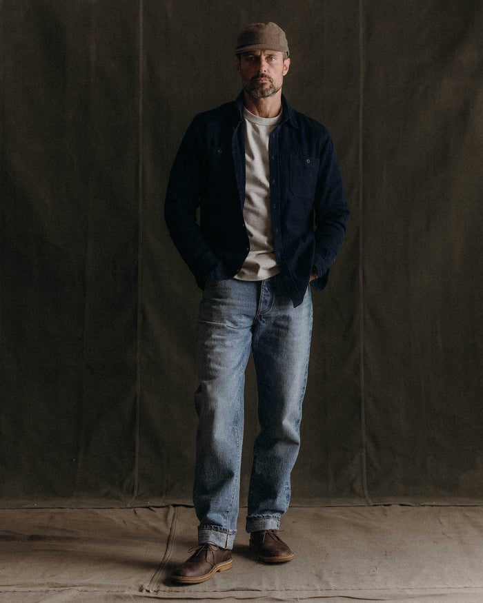 fit model posing in The Utility Shirt in Rinsed Indigo Sashiko