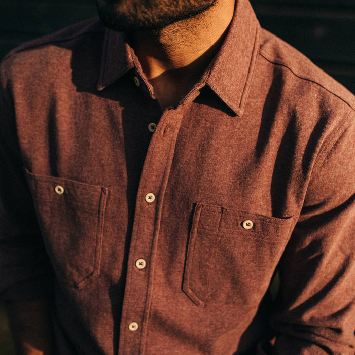 fit model showing front of The Utility Shirt in Russet Heavy Bag