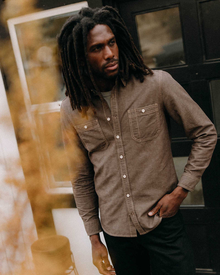 fit model posing in The Utility Shirt in Soil Nep