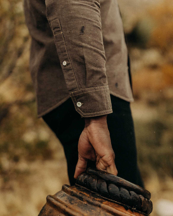fit model showing off the cuffs on The Utility Shirt in Soil Nep