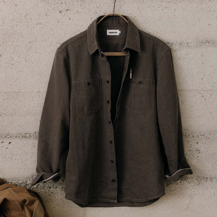 editorial image of The Utility Shirt in Soil Selvedge Denim hanging