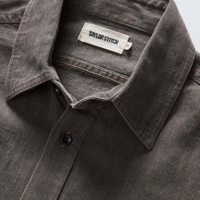 material shot of the collar on The Utility Shirt in Soil Selvedge Denim