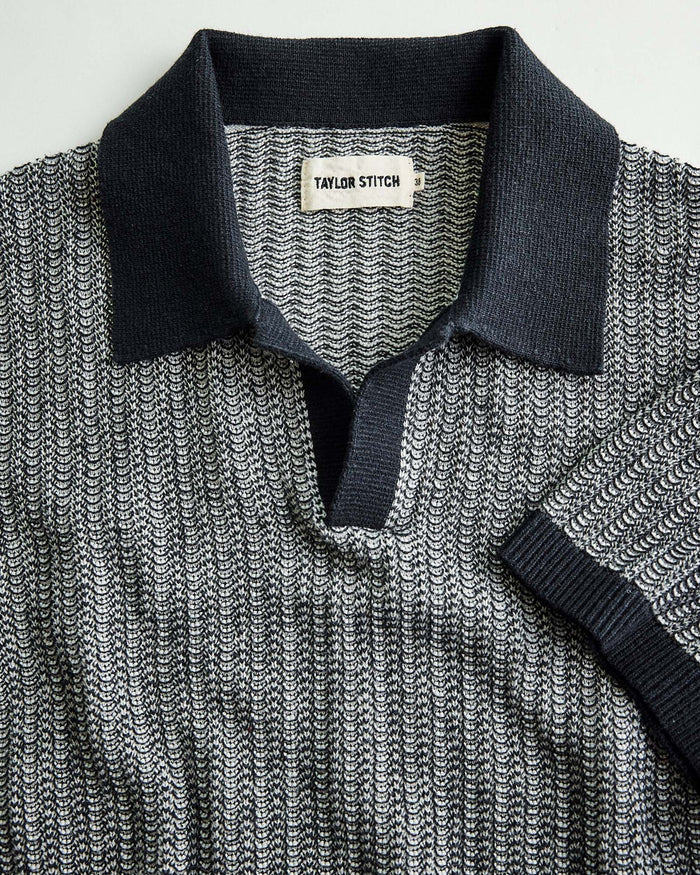 material shot of the collar on The Valencia Sweater Polo in Coal Scallop