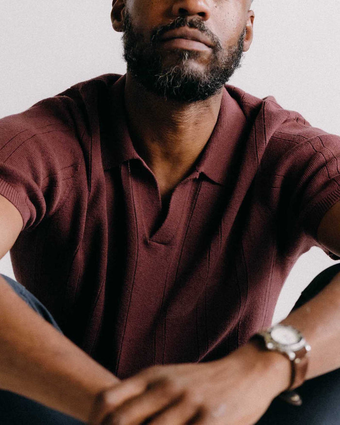 fit model showing off the details on The Valencia Sweater Polo in Dried Cherry Rib