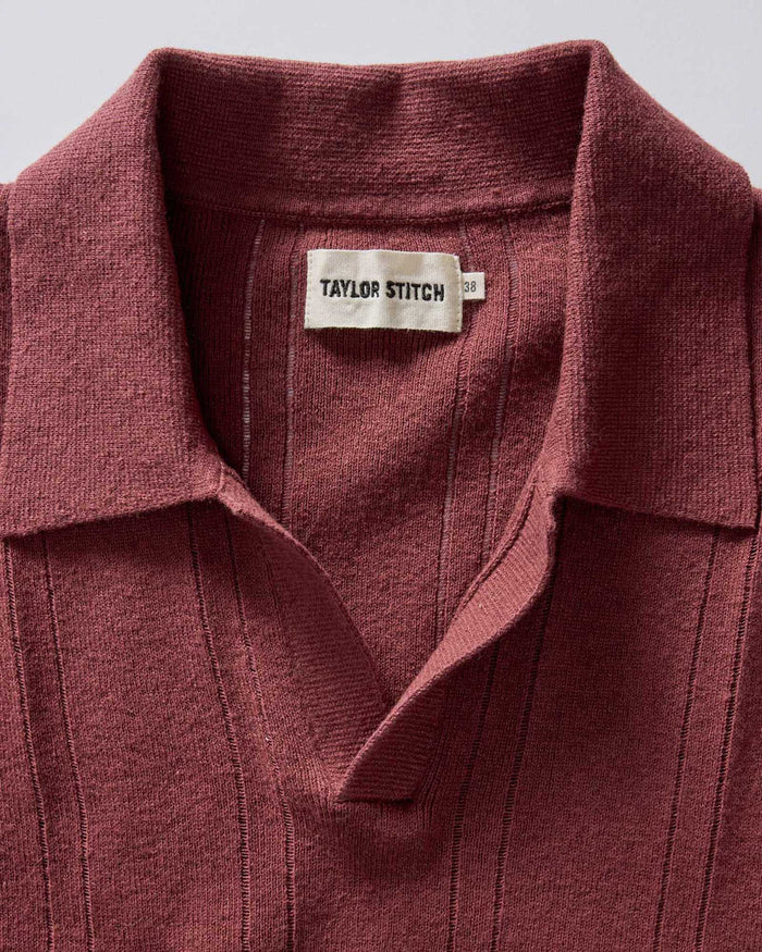 material shot of the collar on The Valencia Sweater Polo in Dried Cherry Rib