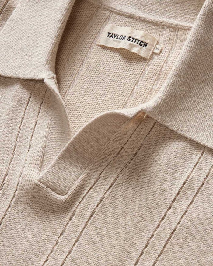 material shot of the collar on The Valencia Sweater Polo in Heather Oat Rib