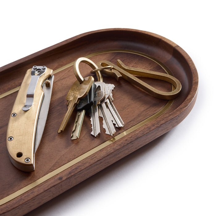 The Valet Tray in Walnut and Brass with keys and knife