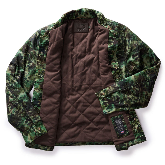 flatlay of The Venture Jacket in Painted Camo Waxed Canvas, shown open