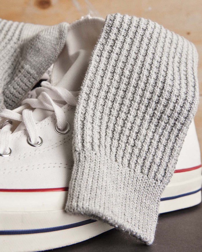 editorial image of The Waffle Sock in Heather Grey on a shoe