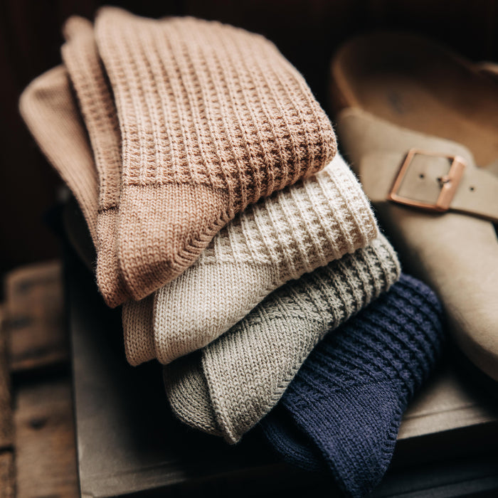 editorial image of socks folded for The Waffle Sock in Sagebrush