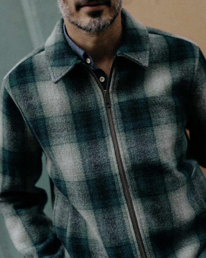 fit model showing off The Waterfront Jacket in Evergreen Plaid Wool