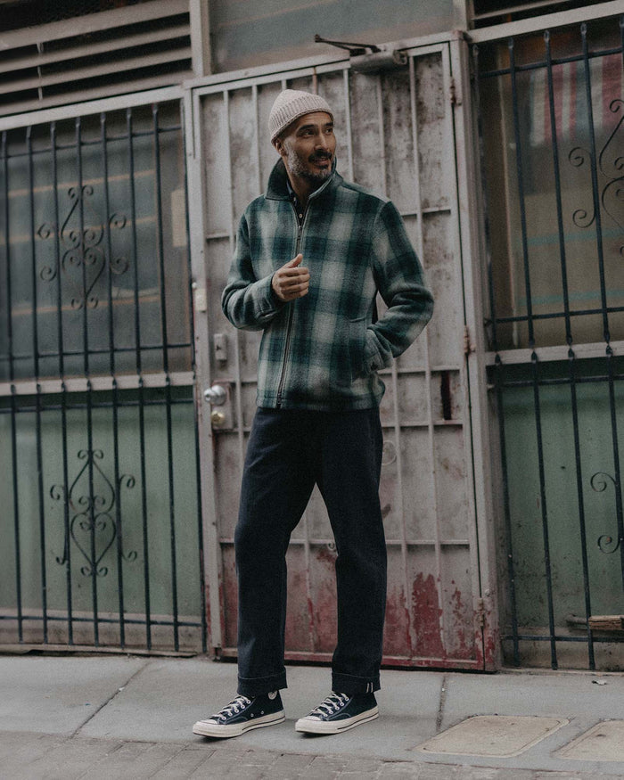 fit model posing in The Waterfront Jacket in Evergreen Plaid Wool