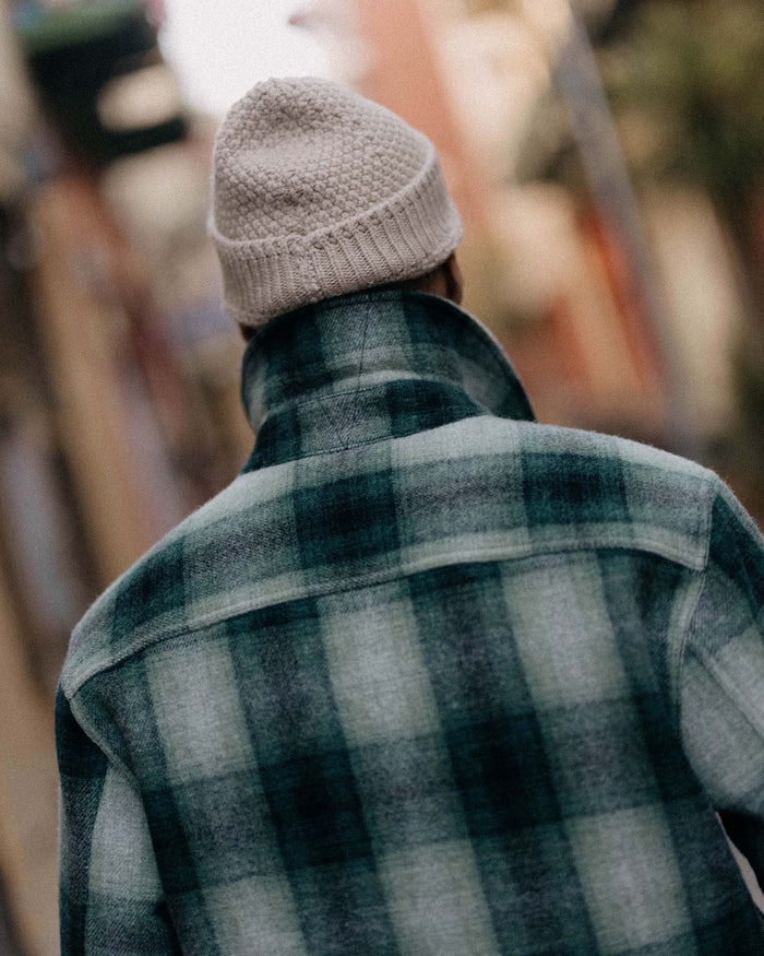 fit model showing off The Waterfront Jacket in Evergreen Plaid Wool