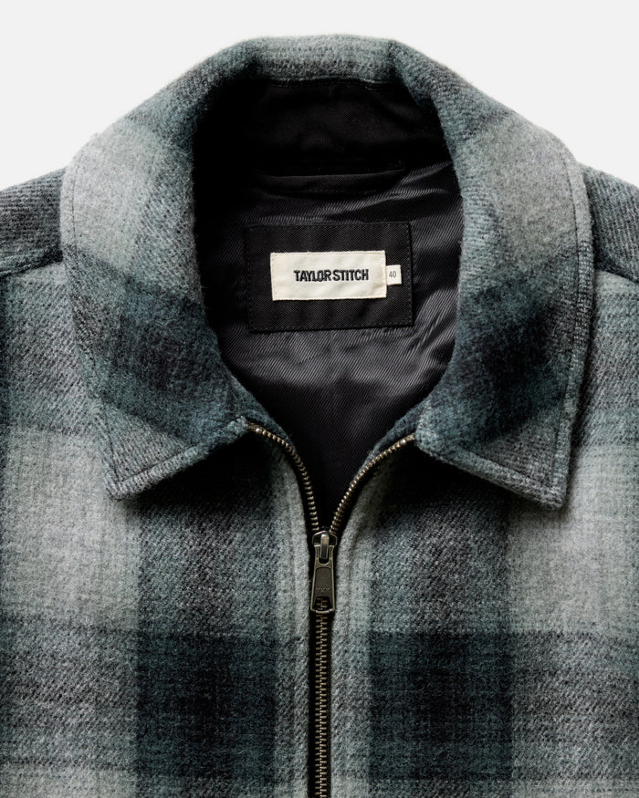 material shot of the collar on The Waterfront Jacket in Evergreen Plaid Wool