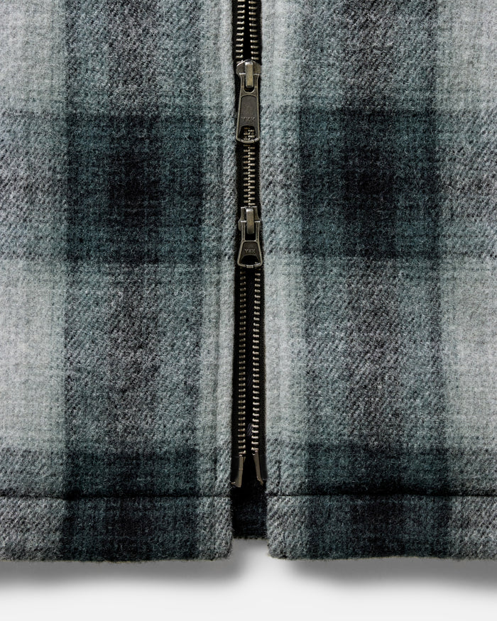 material shot of the zipper on The Waterfront Jacket in Evergreen Plaid Wool