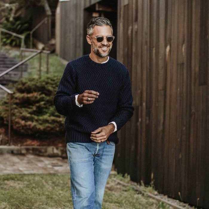 Our fit model wearing The Wave Sweater in Navy