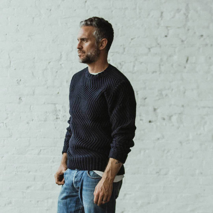 Our fit model wearing The Wave Sweater in Navy