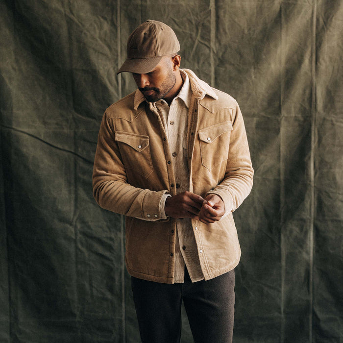 fit model in The Western Shirt Jacket in Dark Khaki Corduroy