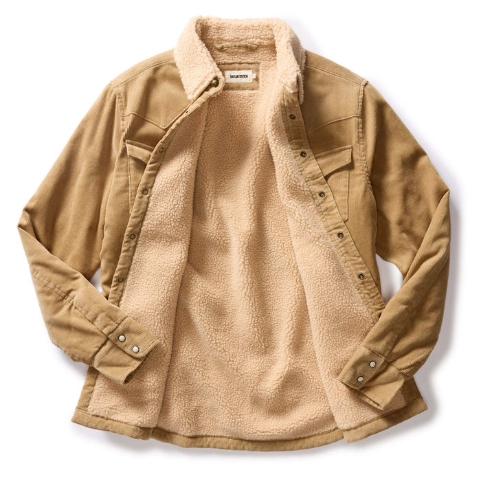 flatlay of The Western Shirt Jacket in Dark Khaki Corduroy, shown open