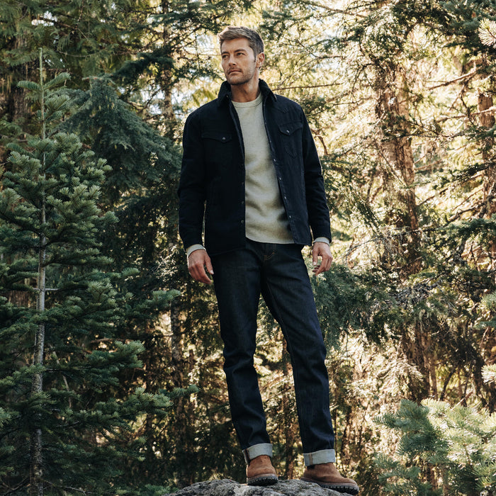 fit model posing in The Western Shirt Jacket in Washed Coal