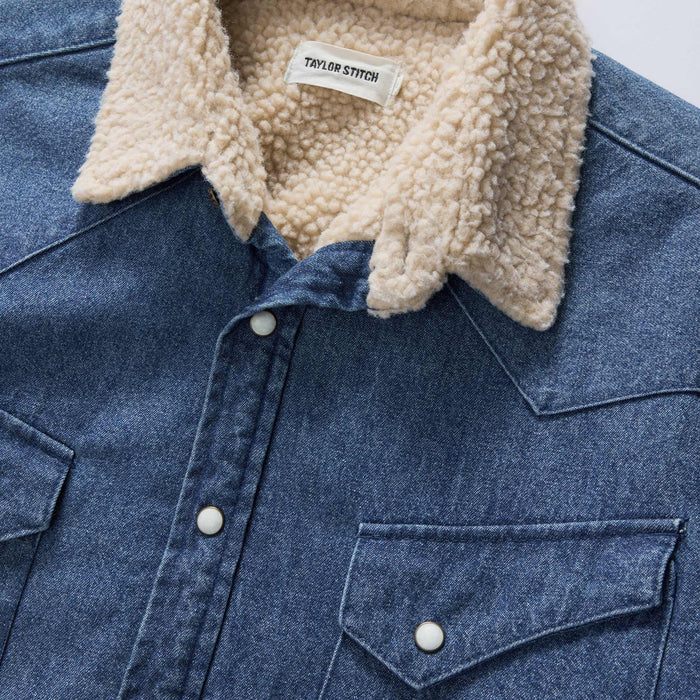 material shot of the collar on The Western Shirt Jacket in Washed Indigo