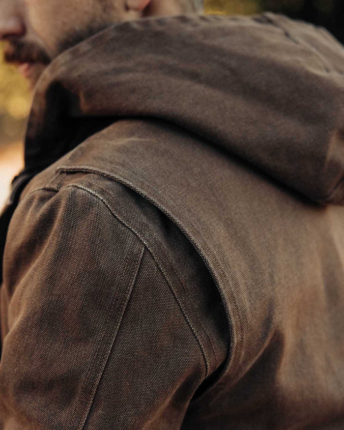 fit model showing off the hood on The Workhorse Hoodie in Aged Penny Chipped Canvas