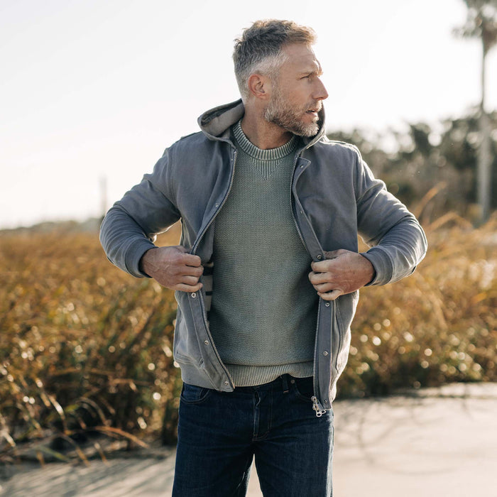 fit model wearing The Workhorse Hoodie in Gravel Boss Duck