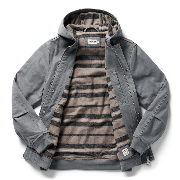 flatlay of The Workhorse Hoodie in Gravel Boss Duck, shown unzipped