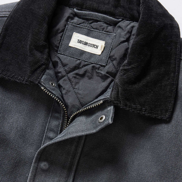 material shot of the collar on The Workhorse Jacket in Coal Chipped Canvas