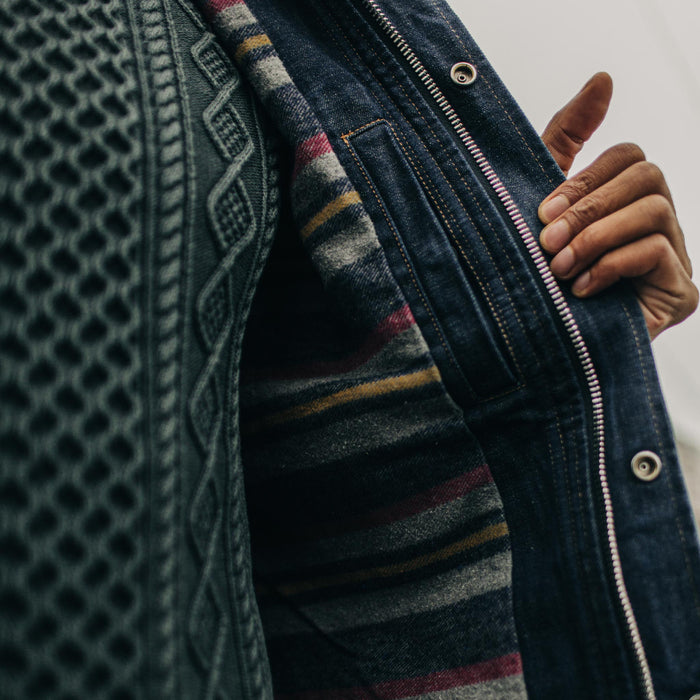close up of our fit model showing the interior chest pocket of The Workhorse Jacket in Marlowe Wash Denim