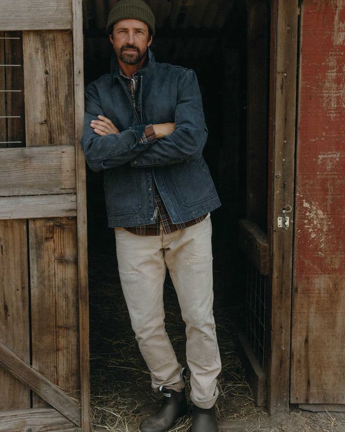 fit model in The Workhorse Jacket in Navy Chipped Canvas
