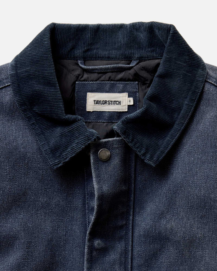 fit model showing the front of The Workhorse Jacket in Navy Chipped Canvas