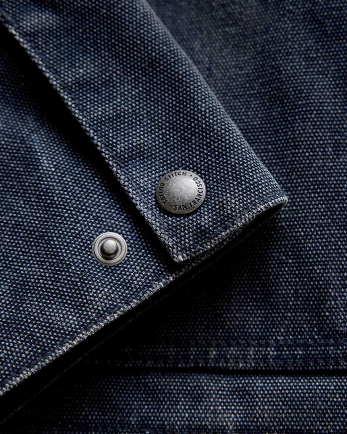 material shot of the YKK zipper on The Workhorse Jacket in Navy Chipped Canvas