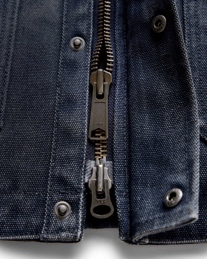 material shot of the corduroy collar on The Workhorse Jacket in Navy Chipped Canvas