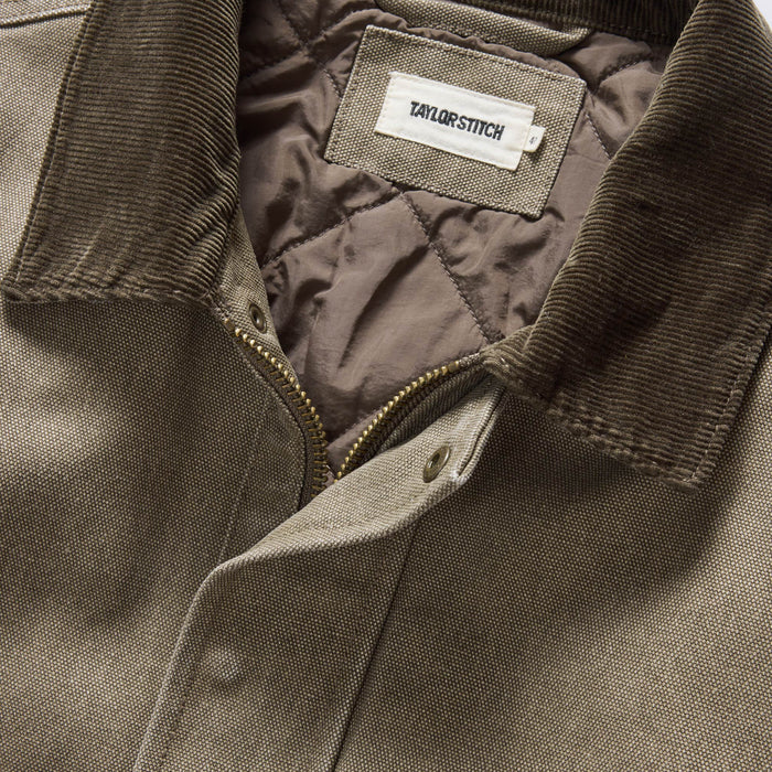 material shot of the collar on The Workhorse Jacket in Stone Chipped Canvas
