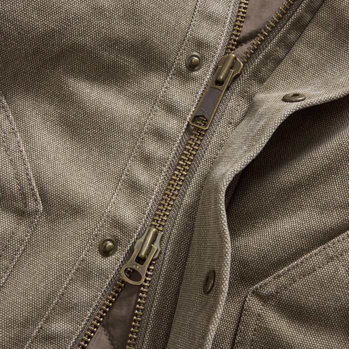 material shot of the zipper on The Workhorse Jacket in Stone Chipped Canvas