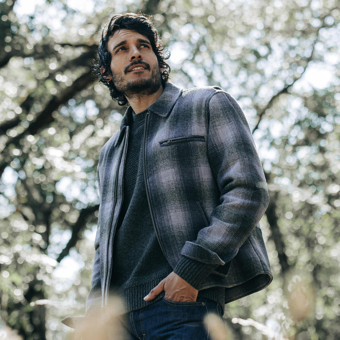 fit model posing in The Wyatt Jacket in Ash Plaid Wool