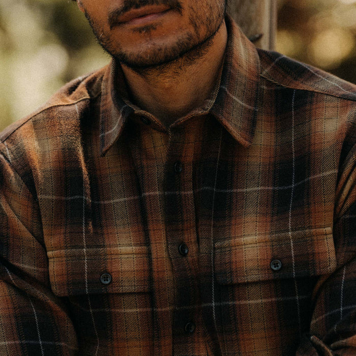 fit model showing off the collar on The Yosemite Shirt in Bonfire Plaid