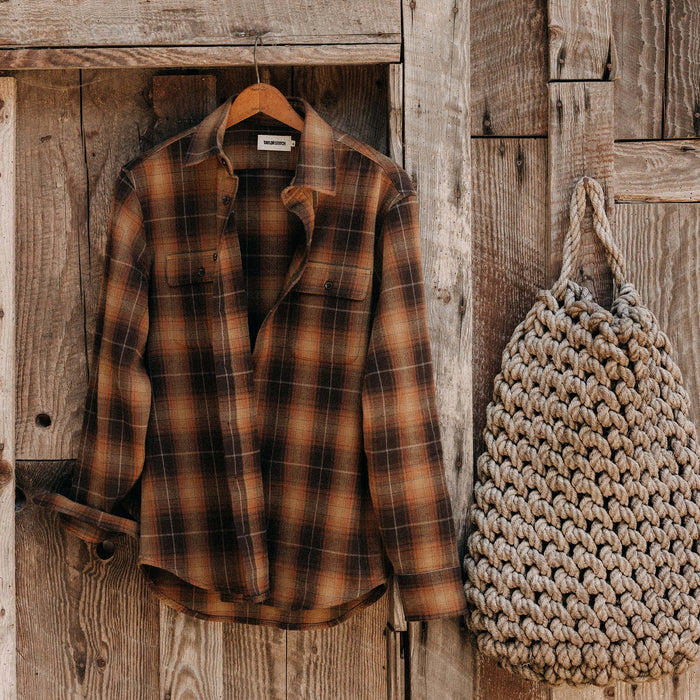 editorial image of The Yosemite Shirt in Bonfire Plaid hanging