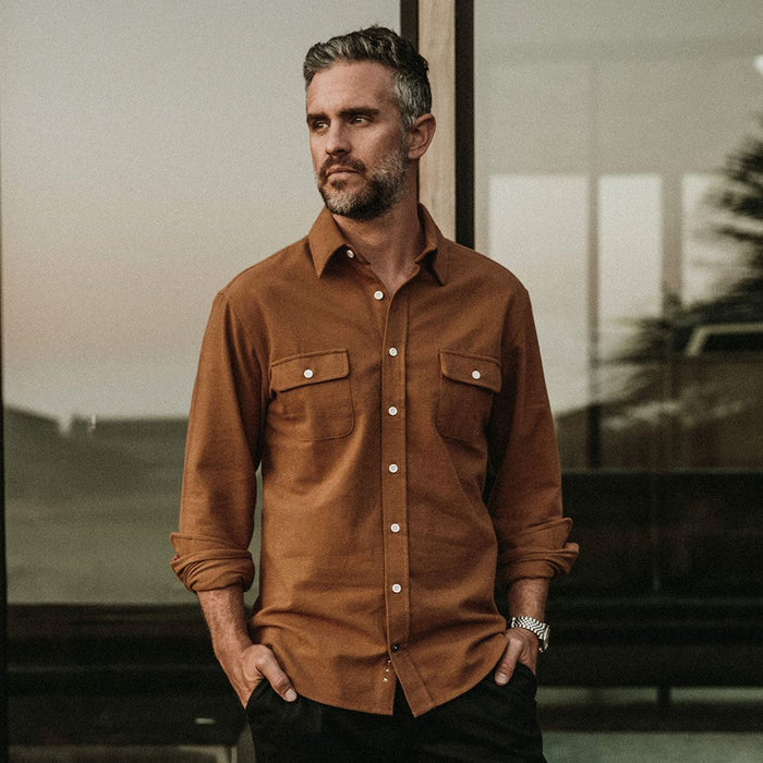our fit model wearing The Yosemite Shirt in British Khaki