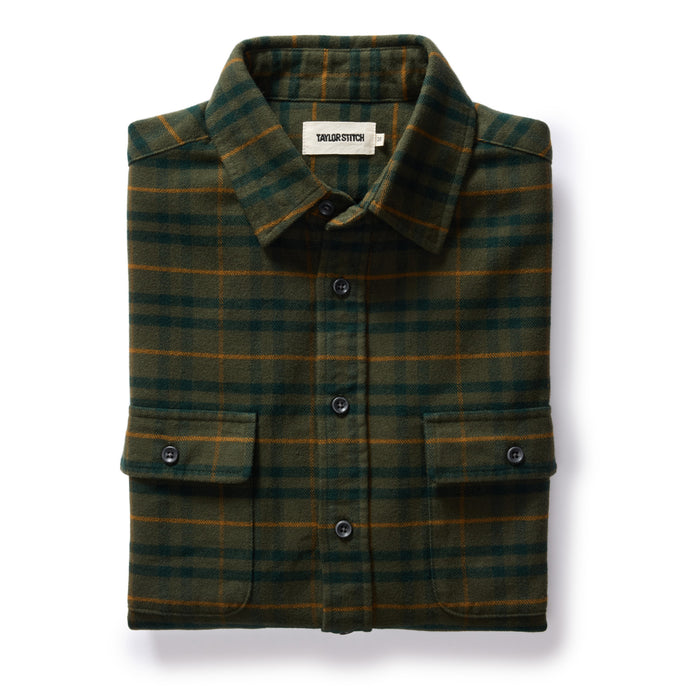 flatlay of The Yosemite Shirt in Dark Forest Plaid