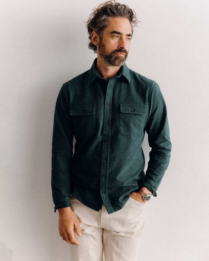 fit model posing in The Yosemite Shirt in Dark Forest