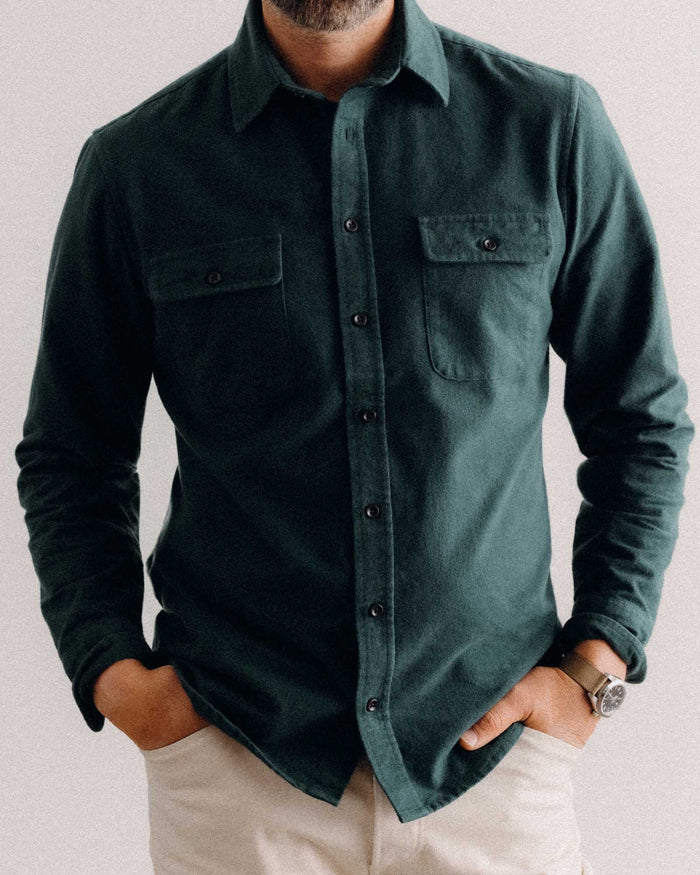fit model showing off The Yosemite Shirt in Dark Forest