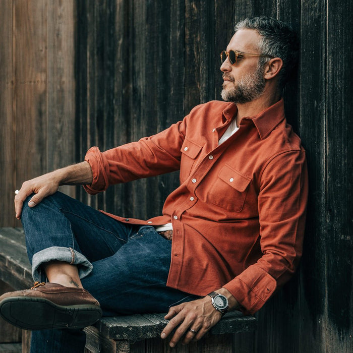 Our fit model wearing The Yosemite Shirt in Dusty Red by Taylor Stitch.