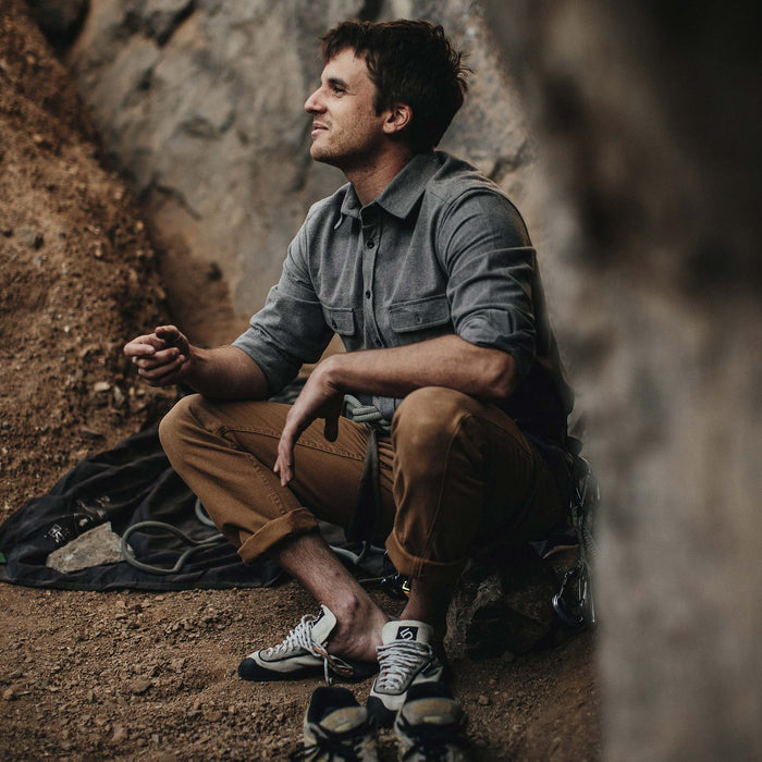 Our fit model recovering from a tuff climb in Yosemite Shirt in Heather Charcoal