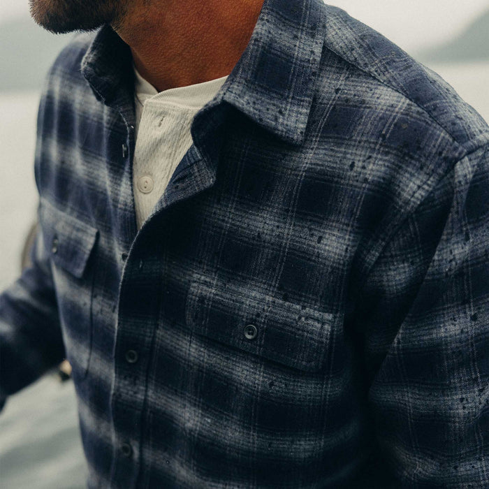 fit model showing off The Yosemite Shirt in Navy Shadow Plaid