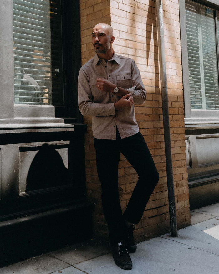 fit model standing wearing The Yosemite Shirt in Oat Donegal